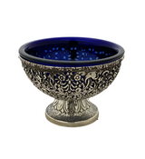 ITALIAN 925 STERLING SILVER & BLUE GLASS HANDMADE LACE SWIRL SINGLE SALT HOLDER