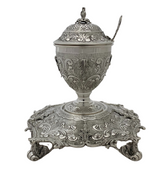 925 STERLING SILVER HANDMADE CHASED SWIRL LEAF APPLIQUE ORNATE HONEY DISH & TRAY