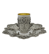 925 STERLING SILVER HANDMADE LEAF APPLIQUE LACE ORNATE MATTE SHINY CUP & TRAY