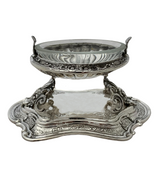 FINE 925 STERLING SILVER & CRYSTAL HANDMADE CHASED OVAL SALT HOLDER ON STAND