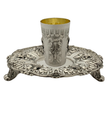 FINE 925 STERLING SILVER HANDMADE LEAF APPLIQUE ORNATE MATTE & SHINY CUP & TRAY