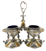 LARGE 925 STERLING SILVER & GILDED HANDMADE FLORAL ORNATE DOUBLE SALT HOLDER