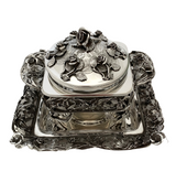 FINE ITALIAN 925 STERLING SILVER HANDMADE ROSE FLORAL APPLIQUE HONEY DISH & TRAY