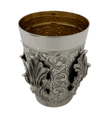 FINE ITALIAN 925 STERLING SILVER HANDMADE CHASED SWIRL LEAF APPLIQUE CUP & TRAY