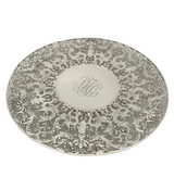 ANTIQUE 925 STERLING SILVER HANDMADE FLUTED CUT OUT ORNATE MONGRAM ROUND DISH