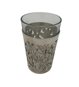 925 STERLING SILVER & GLASS HANDMADE OPEN CHASED FLORAL LEAF SWIRL CUP & TRAY