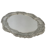 FINE LARGE 925 STERLING SILVER HANDMADE LEAF APPLIQUE CHASED OVAL SERVING TRAY