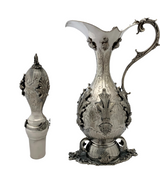 ITALIAN 925 STERLING SILVER HANDMADE LEAF APPLIQUE CHASED WINE BOTTLE & TRAY