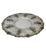 925 STERLING SILVER HANDMADE CHASED LEAF APPLIQUE SWIRL MATTE SHINY ROUND TRAY