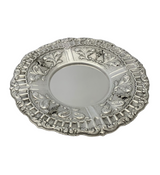 925 STERLING SILVER HANDMADE CHASED SWIRL LEAF APPLIQUE MATTE SHINY ROUND TRAY