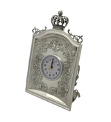 925 STERLING SILVER HANDMADE CHASED SWIRL CROWN MATTE & SHINY QUARTZ TABLE CLOCK