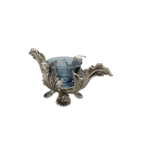 ITALY 925 STERLING SILVER & BLUE GLASS HANDMADE LEAF SHELL APPLIQUE SALT HOLDER