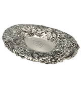 ANTIQUE 925 STERLING SILVER HANDMADE HEAVY FLORAL REPOUSSE ORNATE OVAL DISH