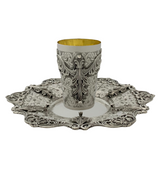 925 STERLING SILVER HANDMADE LEAF APPLIQUE LACE ORNATE MATTE SHINY CUP & TRAY