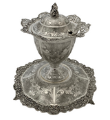 925 STERLING SILVER HANDMADE CHASED SWIRL FLORAL OPEN LACE HONEY DISH & TRAY