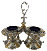 LARGE 925 STERLING SILVER & GILDED HANDMADE FLORAL ORNATE DOUBLE SALT HOLDER