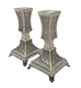 FINE SMALL 925 STERLING SILVER HANDMADE CHASED ORNATE MATTE & SHINY CANDLESTICKS