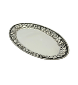 ANTIQUE 925 STERLING SILVER HANDMADE FLORAL REPOUSSE ORNATE OVAL DISH TRAY