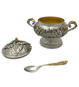 925 STERLING SILVER & GILDED HANDMADE BIRD & LEAF APPLIQUE HONEY DISH & TRAY