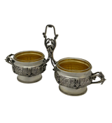 FINE LARGE 925 STERLING SILVER HANDMADE LEAF APPLIQUE CHASED DOUBLE SALT HOLDER