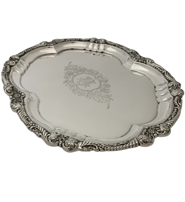 ANTIQUE 925 STERLING SILVER HANDMADE M ENGRAVED FLORAL ORNATE SERVING TRAY PLATE