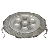 FINE 925 STERLING SILVER HANDMADE CHASED FLORAL LEAF APPLIQUE 3 LEG SEDER PLATE