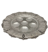FINE 925 STERLING SILVER HANDMADE CHASED LEAF APPLIQUE ORNATE 3 LEG SEDER PLATE