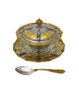 925 STERLING SILVER & GILDED HANDMADE CHASED FLORAL APPLIQUE SOUP BOWL & TRAY