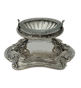 FINE 925 STERLING SILVER & CRYSTAL HANDMADE CHASED OVAL SALT HOLDER ON STAND