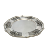 925 STERLING SILVER HANDMADE FLORAL LEAF APPLIQUE CHASED MATTE SHINY ROUND TRAY