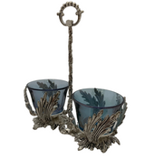 FINE ITALIAN 925 STERLING SILVER & BLUE CRYSTAL LEAF APPLIQUE DOUBLE SALT HOLDER