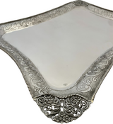 925 STERLING SILVER HANDMADE CHASED FLORAL OPEN LACE MATTE SHINY RECTANGLE TRAY
