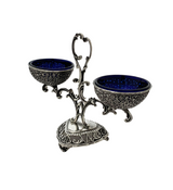 ITALY 925 STERLING SILVER & BLUE GLASS HANDMADE LACE ORNATE DOUBLE SALT HOLDER