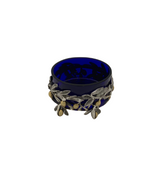 ITALY 925 STERLING SILVER & GILDED & BLUE GLASS HANDMADE OLIVE LEAF SALT HOLDER