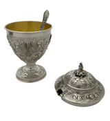 925 STERLING SILVER HANDMADE CHASED SWIRL LEAF APPLIQUE ORNATE HONEY DISH & TRAY