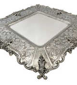 FINE 925 STERLING SILVER HANDMADE CHASED LEAF APPLIQUE MATTE & SHINY SQUARE TRAY
