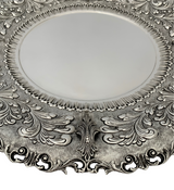 LARGE 925 STERLING SILVER HANDMADE SWIRL CHASED ORNATE LEAF APPLIQUE ROUND TRAY