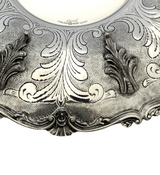 925 STERLING SILVER HANDMADE CHASED LEAF APPLIQUE SWIRL MATTE SHINY ROUND TRAY
