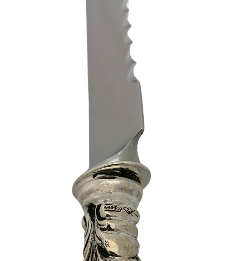 ITALIAN 925 STERLING SILVER HANDMADE LEAF MATTE & SHINY SERRATED BREAD KNIFE