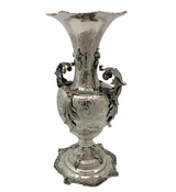 LARGE ITALY 925 STERLING SILVER HANDMADE LEAF APPLIQUE FLOWER VASE W HANDLES