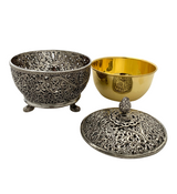 ITALIAN 925 STERLING SILVER & GOLD PLATED HANDMADE OPEN LACE ORNATE HONEY DISH