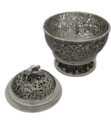 ITALIAN 925 STERLING SILVER & GLASS HANDMADE FLORAL ORNATE HONEY DISH & TRAY