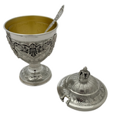 FINE 925 STERLING SILVER HANDMADE LEAF APPLIQUE CHASED SWIRL HONEY DISH & TRAY
