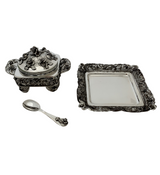 FINE ITALIAN 925 STERLING SILVER HANDMADE ROSE FLORAL APPLIQUE HONEY DISH & TRAY