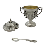 FINE 925 STERLING SILVER HANDMADE LEAF APPLIQUE CHASED SWIRL HONEY DISH & TRAY