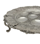 FINE 925 STERLING SILVER HANDMADE CHASED LEAF APPLIQUE ORNATE 3 LEG SEDER PLATE