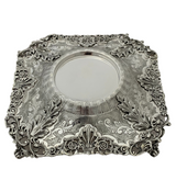 FINE 925 STERLING SILVER HANDMADE LEAF APPLIQUE CHASED SWIRL HONEY DISH & TRAY