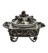 FINE ITALIAN 925 STERLING SILVER HANDMADE ROSE FLORAL APPLIQUE HONEY DISH & TRAY