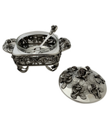 FINE ITALIAN 925 STERLING SILVER HANDMADE ROSE FLORAL APPLIQUE HONEY DISH & TRAY