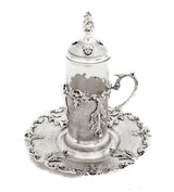 925 STERLING SILVER & GLASS LEAF APPLIQUE CROWN TOP HANDCRAFTED TEA SET & TRAY